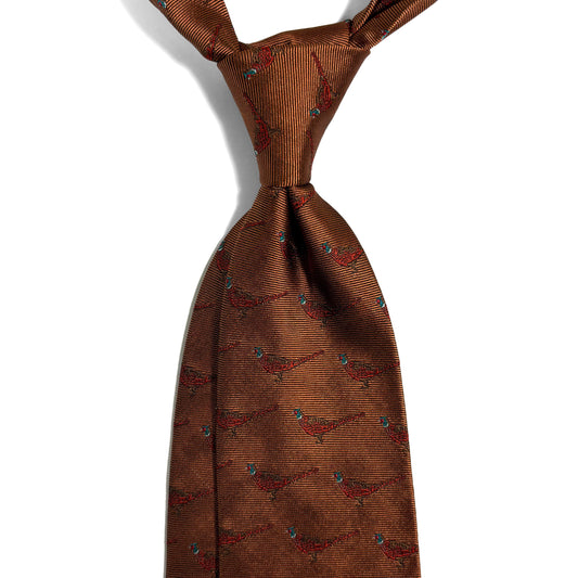 Brown Pheasant Motif Silk Jacquard Tie - Handmade in England