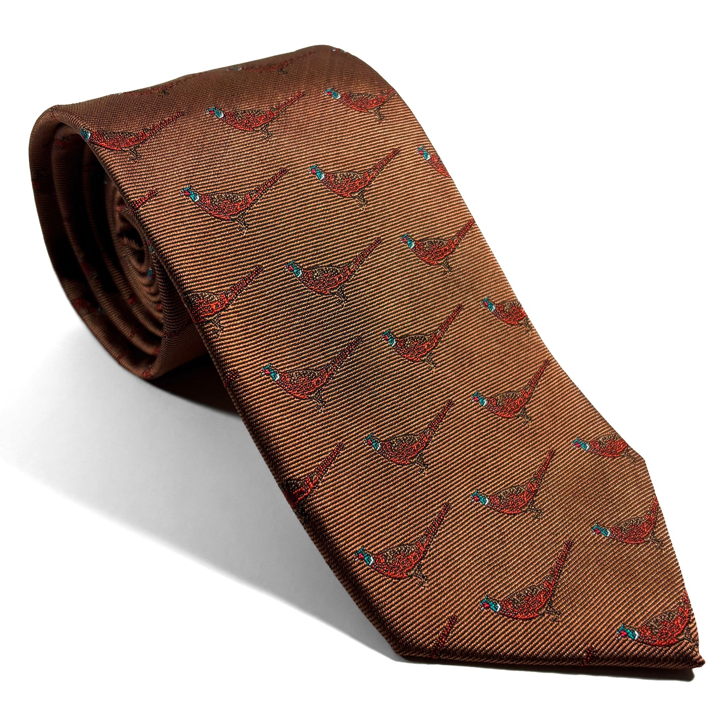 Brown Pheasant Motif Silk Jacquard Tie - Handmade in England