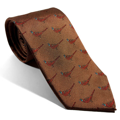Brown Pheasant Motif Silk Jacquard Tie - Handmade in England