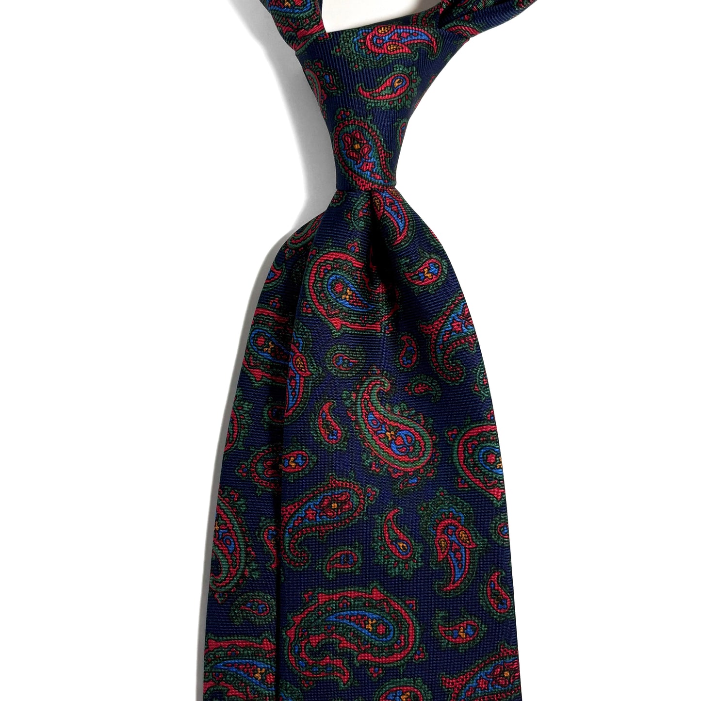 Hand-Printed Navy Blue & Red Paisley Silk Twill Tie - Handmade in England