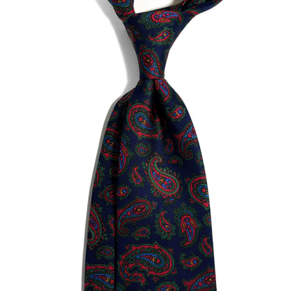 Hand-Printed Navy Blue & Red Paisley Silk Twill Tie - Handmade in England