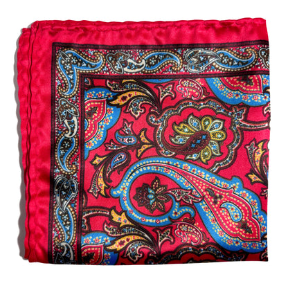 Coral Red & Blue Paisley Pocket Square