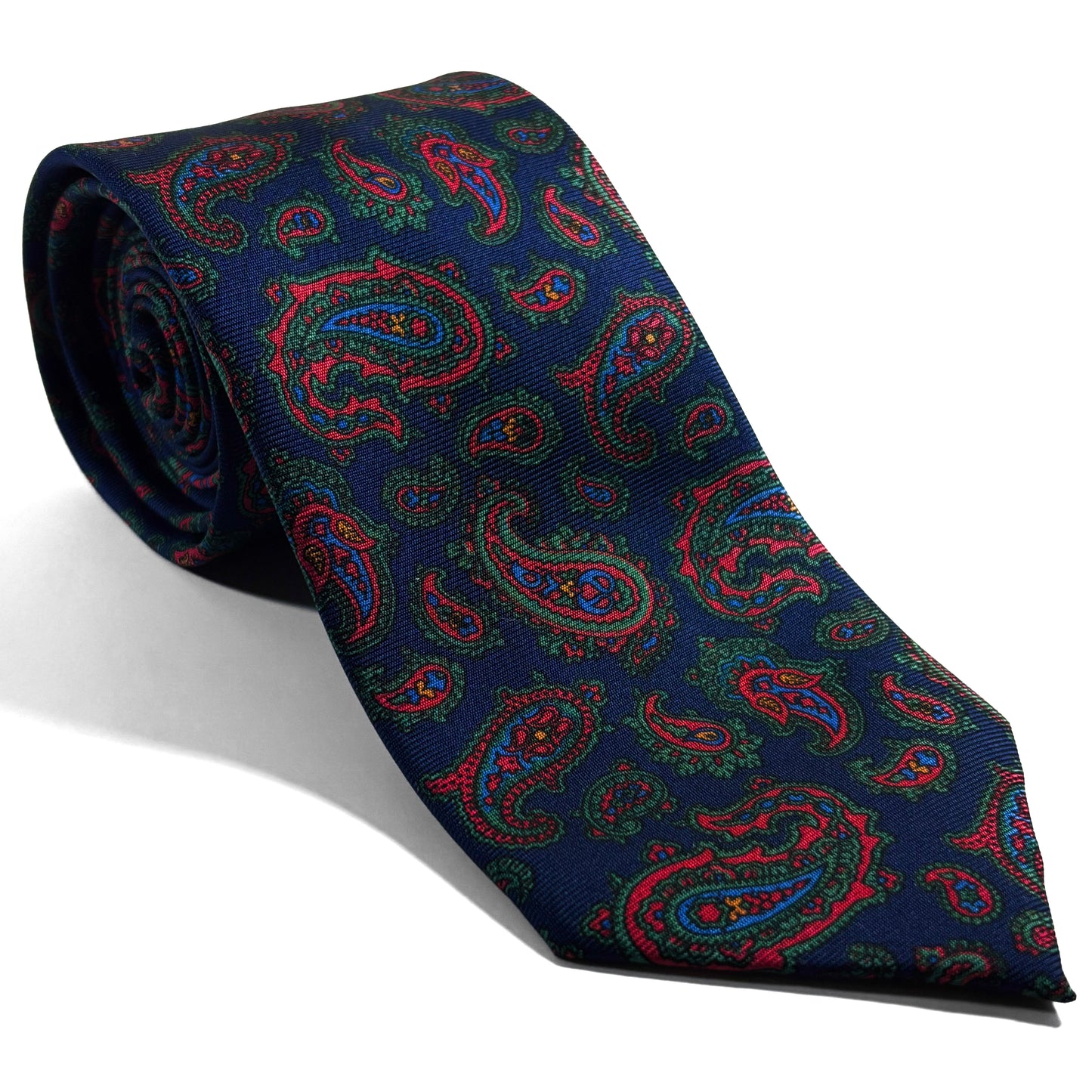 Hand-Printed Navy Blue & Red Paisley Silk Twill Tie - Handmade in England