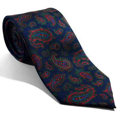 Hand-Printed Navy Blue & Red Paisley Silk Twill Tie - Handmade in England