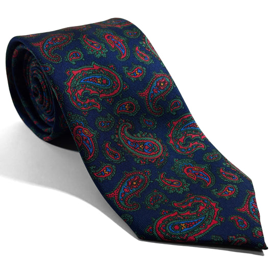 Hand-Printed Navy Blue & Red Paisley Silk Twill Tie - Handmade in England