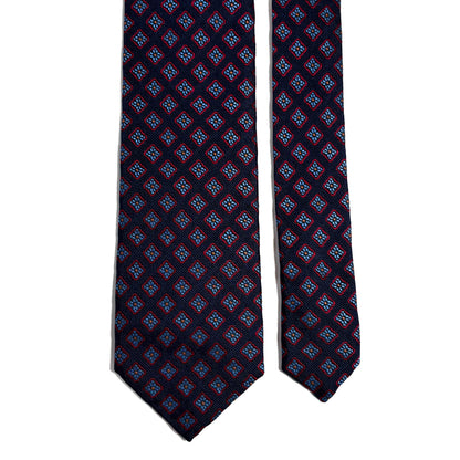 Navy Blue Geometric Silk Jacquard Tie - Handmade in England