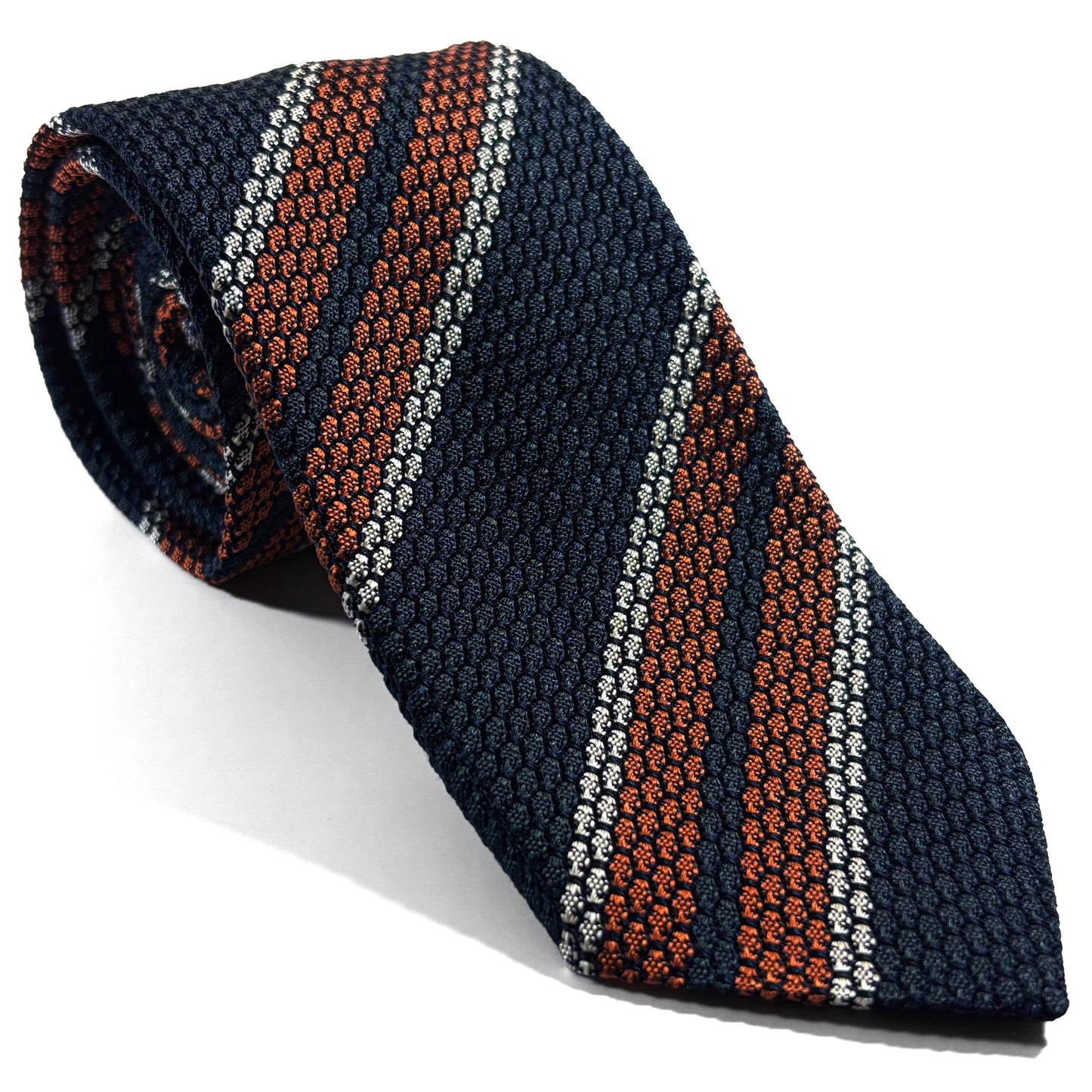Deep Green & Orange Striped Silk Grenadine Tie (Garza Grossa) - Handmade in Italy