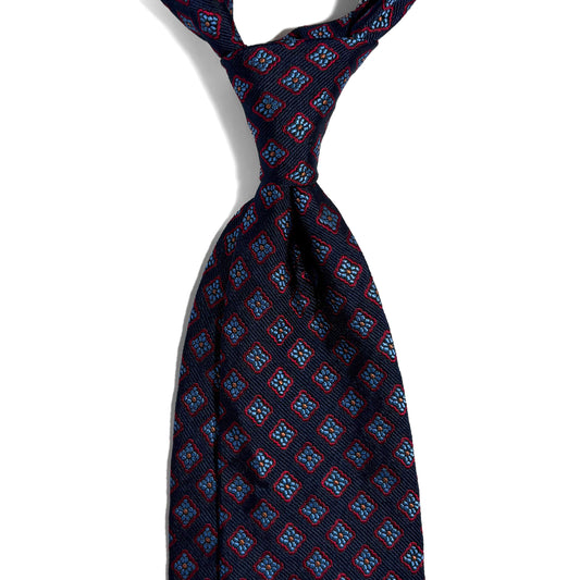 Navy Blue Geometric Silk Jacquard Tie - Handmade in England