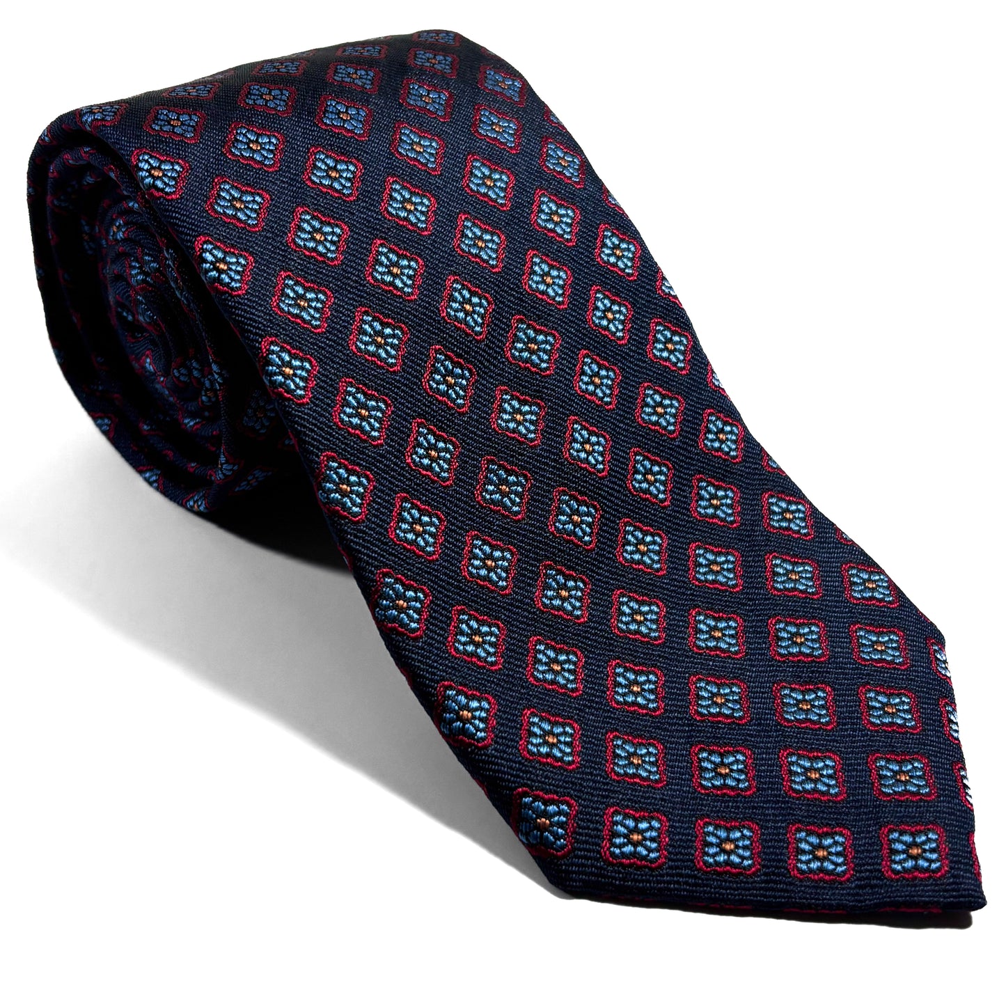 Navy Blue Geometric Silk Jacquard Tie - Handmade in England