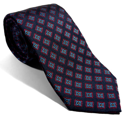 Navy Blue Geometric Silk Jacquard Tie - Handmade in England