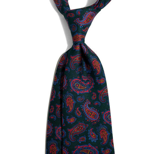 Hand-Printed Forest Green Paisley Silk Twill Tie - Handmade in England