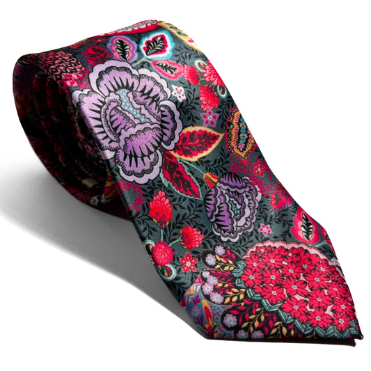 Green & Pink Floral Motif Printed Tie