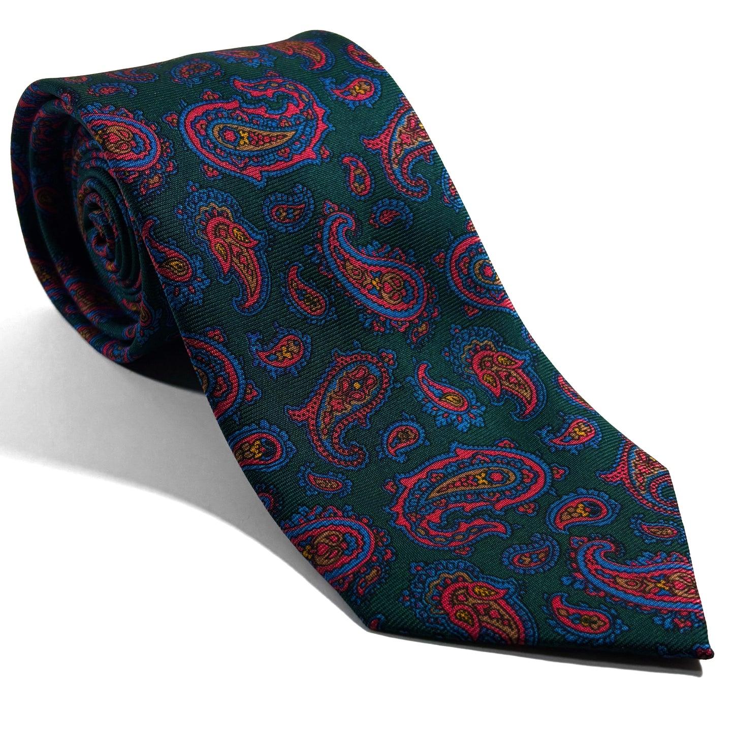Hand-Printed Forest Green Paisley Silk Twill Tie - Handmade in England