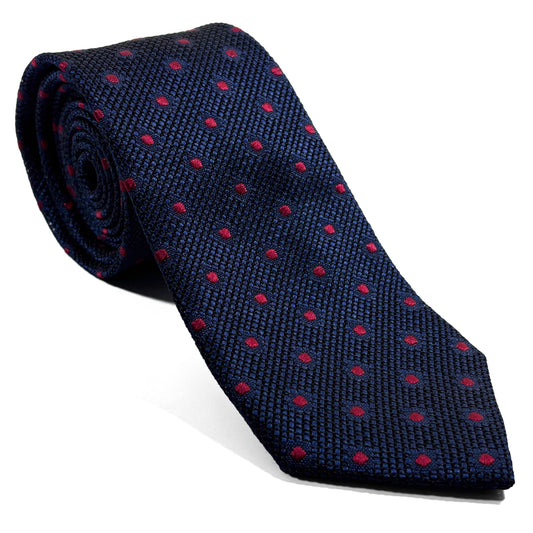 Navy Blue & Red Polka Dot Grenadine Tie - Handmade