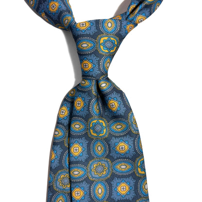 Gray & Blue Medallion Printed Tie