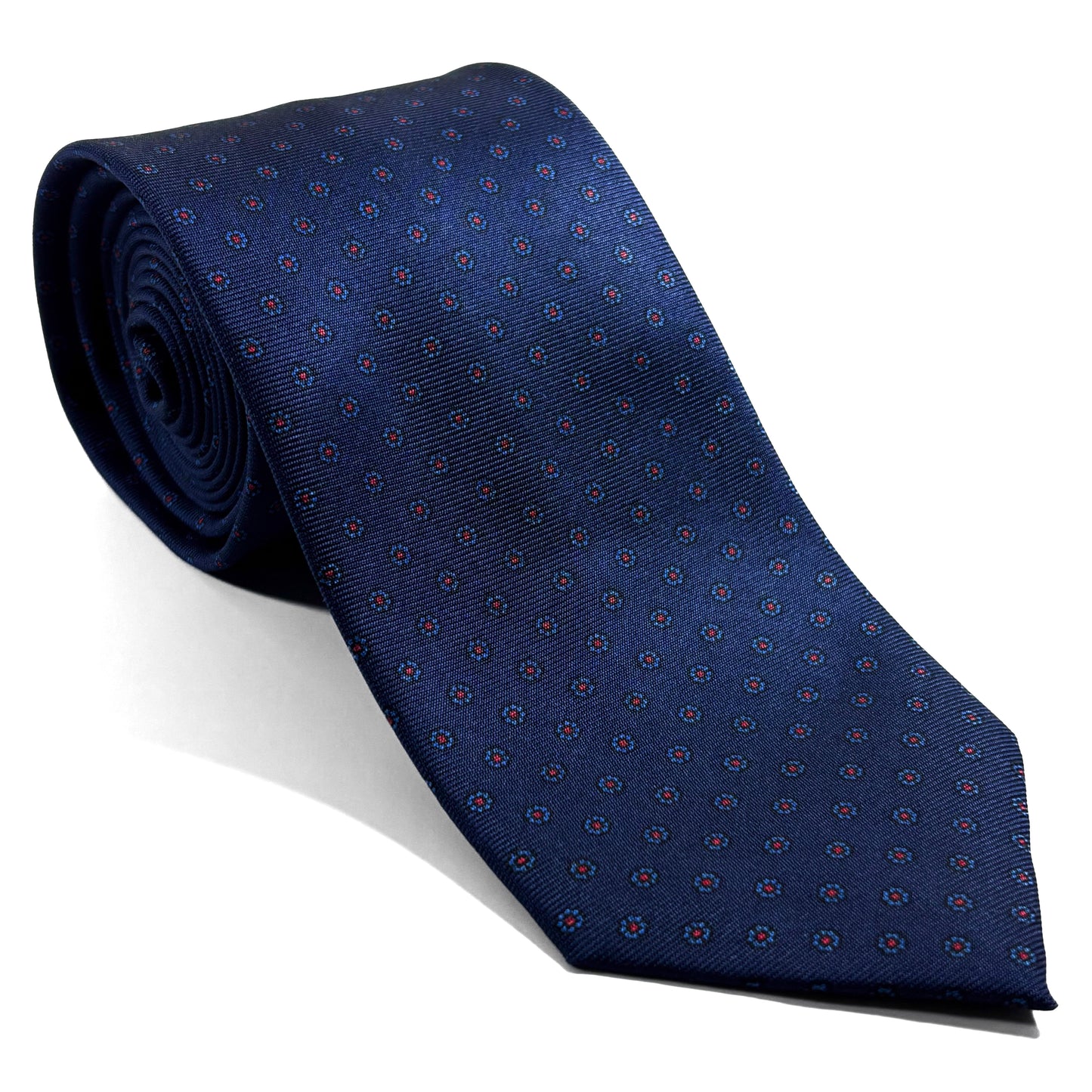 Hand-Printed Navy Blue Floral Silk Twill Tie - Handmade in England