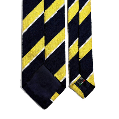 Navy Blue & Yellow Striped Silk Shantung Tie - Handmade in Italy