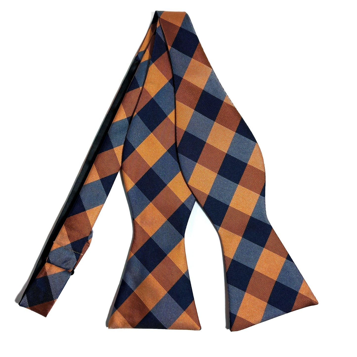 Self-Tie Navy Blue & Orange Plaid Silk Bow Tie