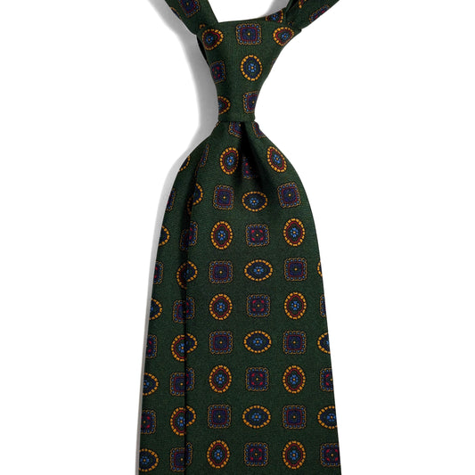 Forest Green Geometric Printed Silk Tie - Handmade in England