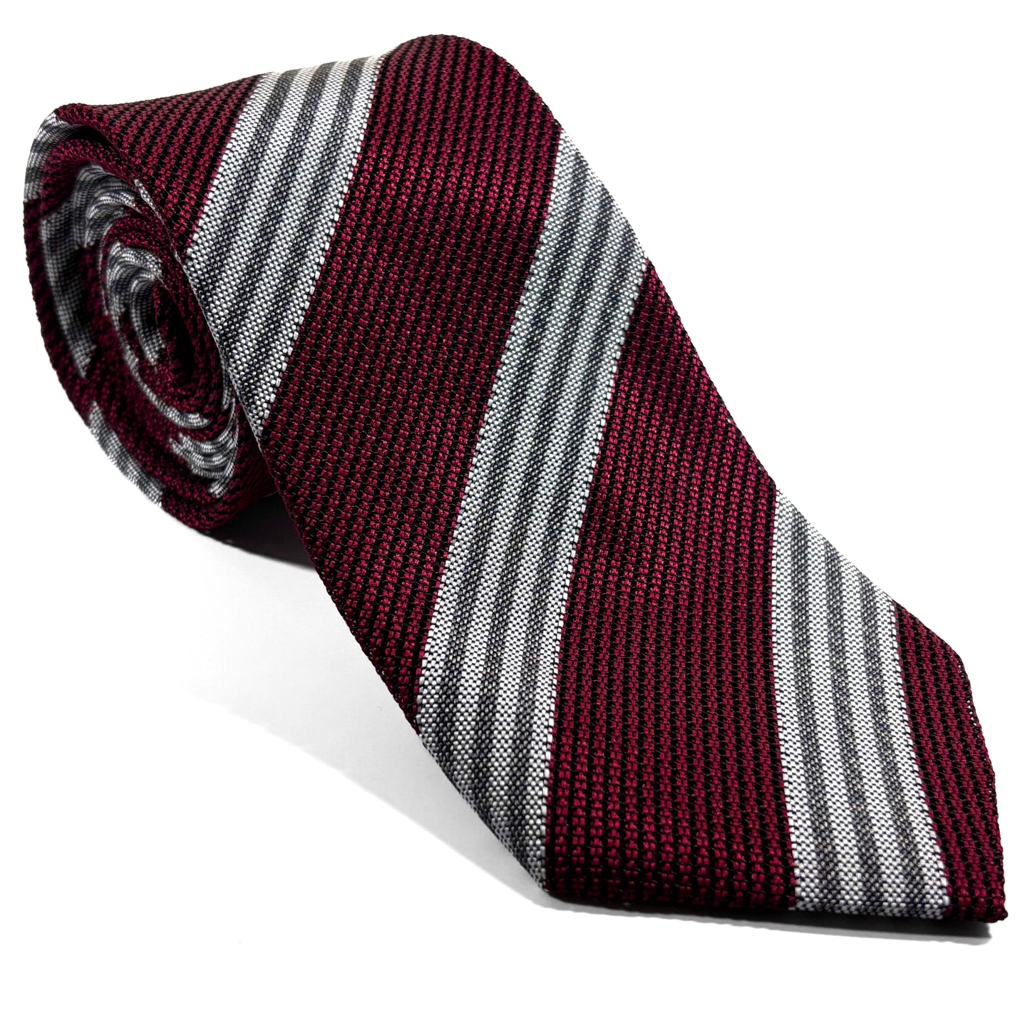 Burgundy & White Striped Grenadine Tie - Handmade
