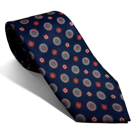 Navy Blue & Orange Medallion Printed Tie
