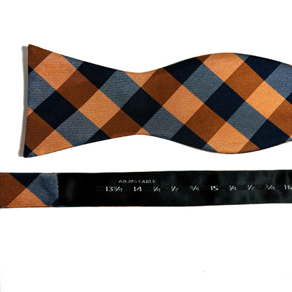 Self-Tie Navy Blue & Orange Plaid Silk Bow Tie