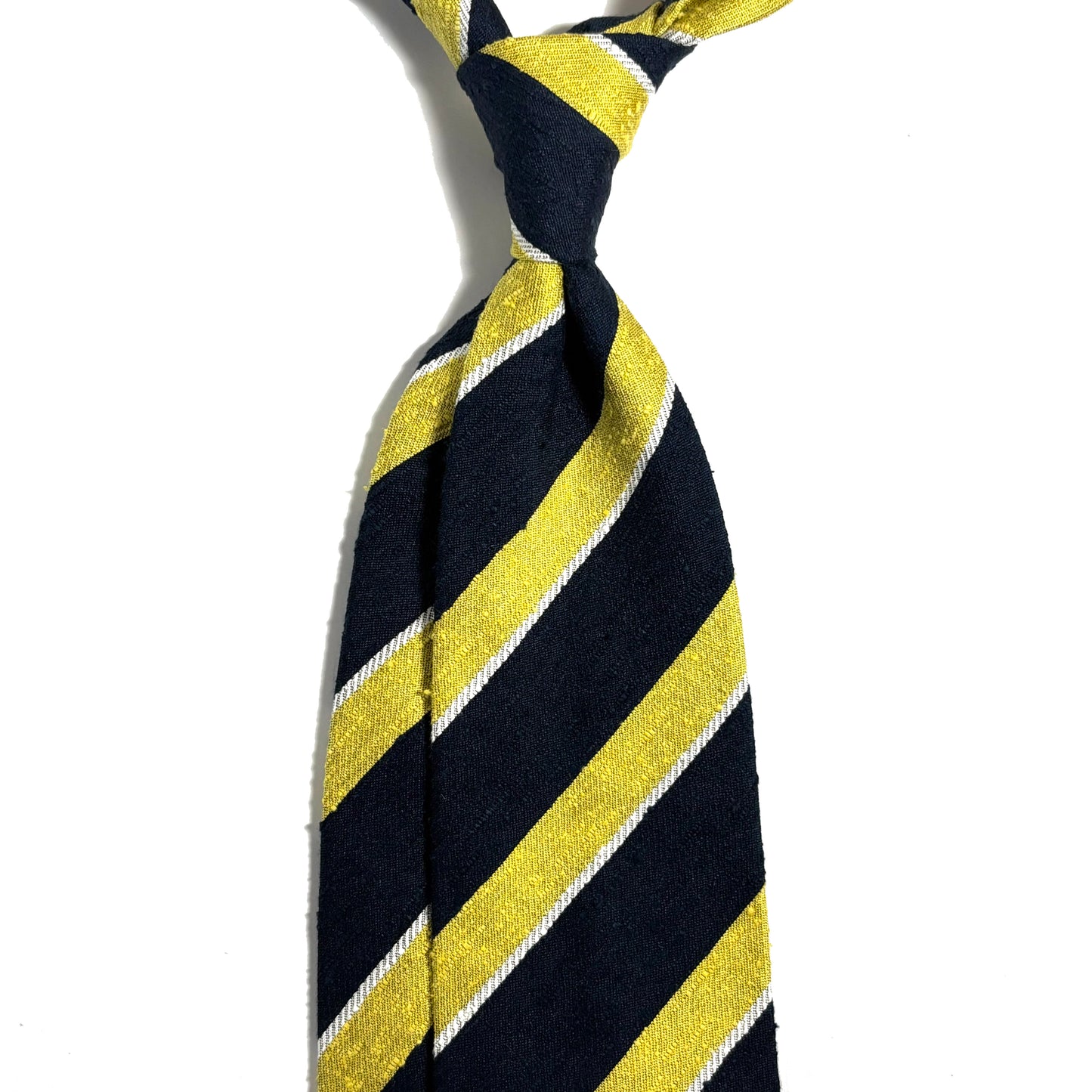 Navy Blue & Yellow Striped Silk Shantung Tie - Handmade in Italy