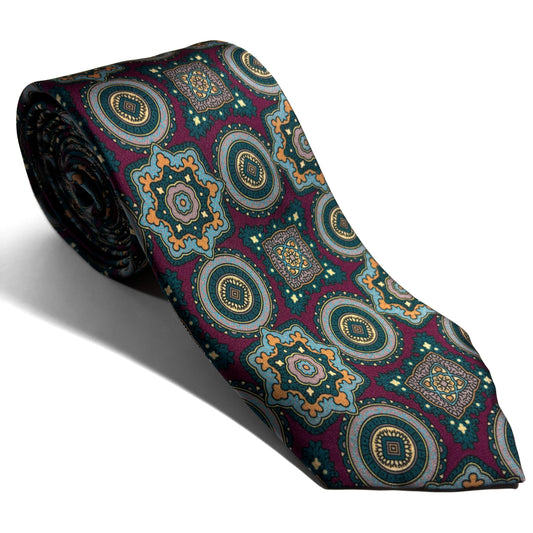 Burgundy & Green Medallion Printed Tie