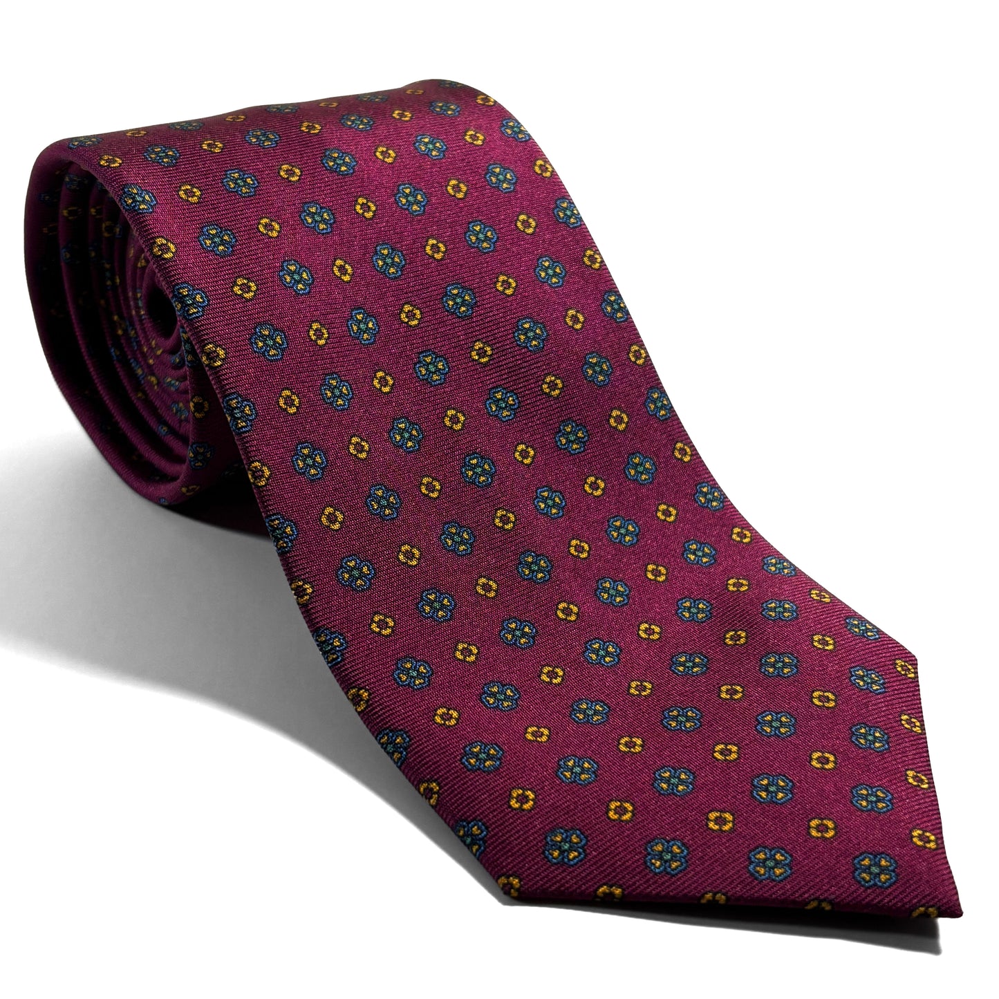 Burgundy Floral Printed Silk Tie - Handmade in England