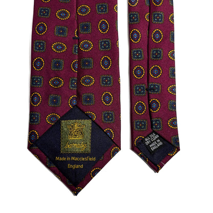 Burgundy Geometric Printed Silk Tie - Handmade in England