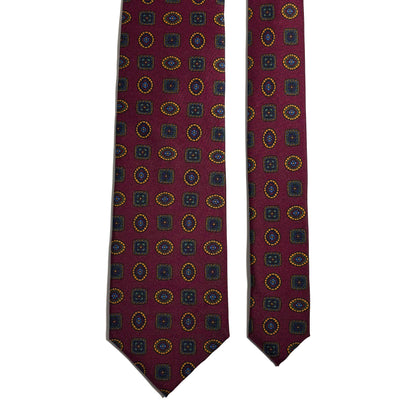 Burgundy Geometric Printed Silk Tie - Handmade in England