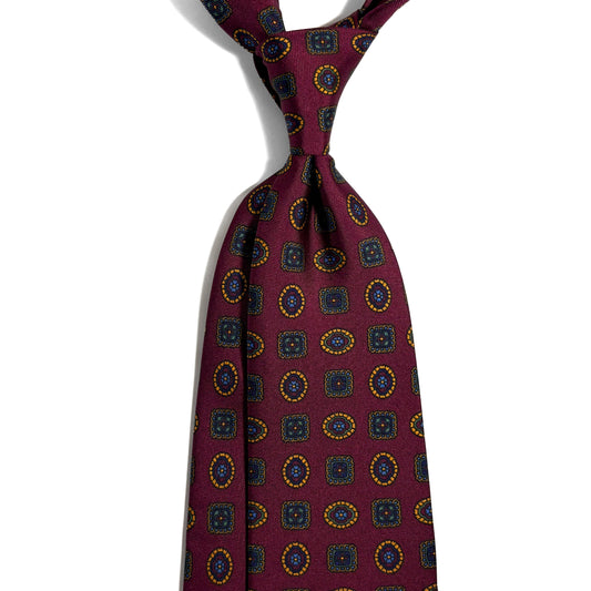 Burgundy Geometric Printed Silk Tie - Handmade in England
