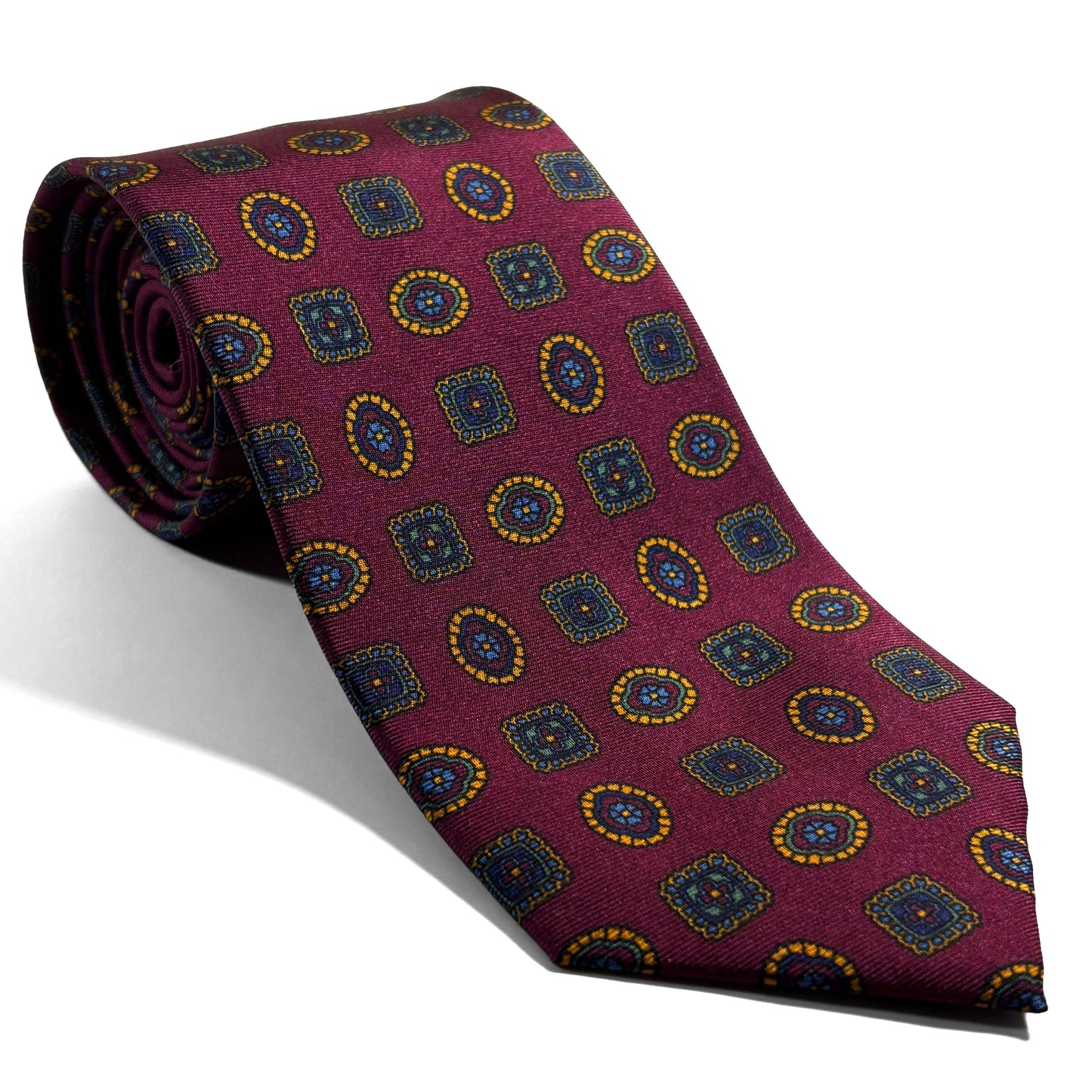 Burgundy Geometric Printed Silk Tie - Handmade in England
