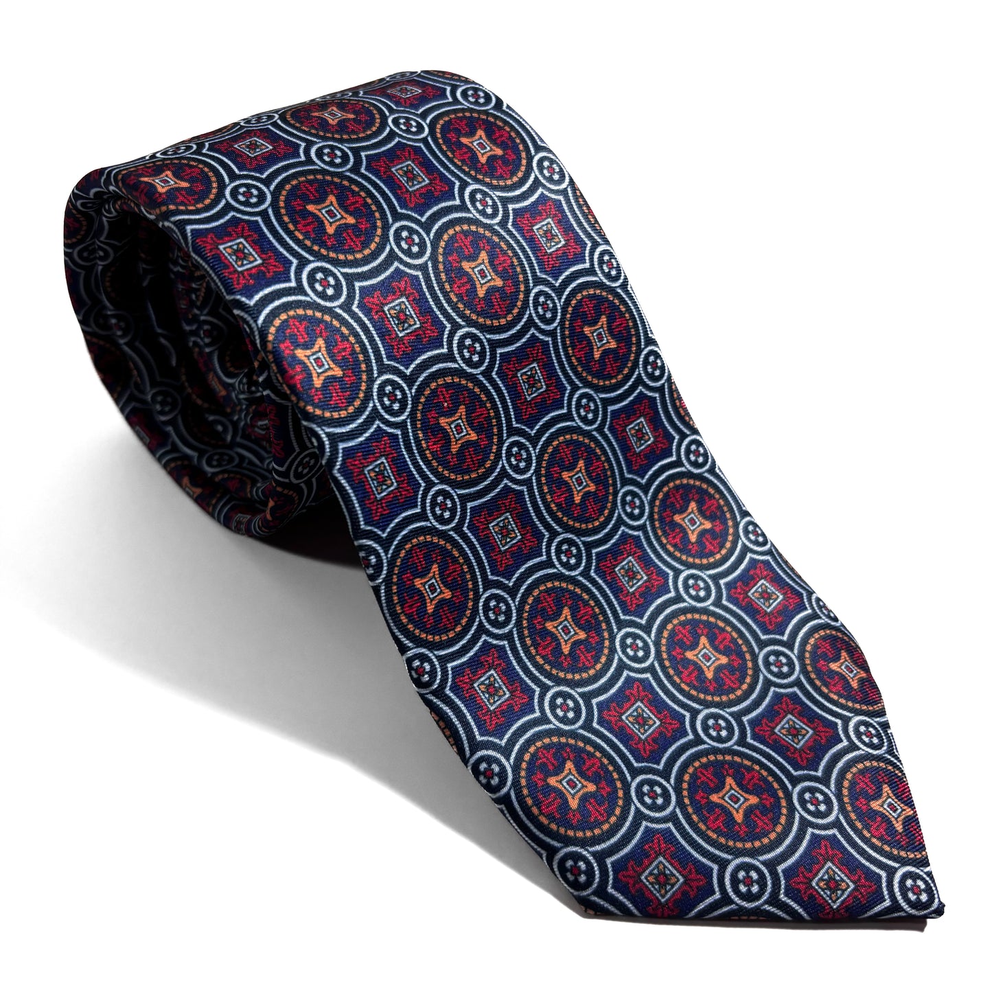 Navy Blue & Red Medallion Printed Tie