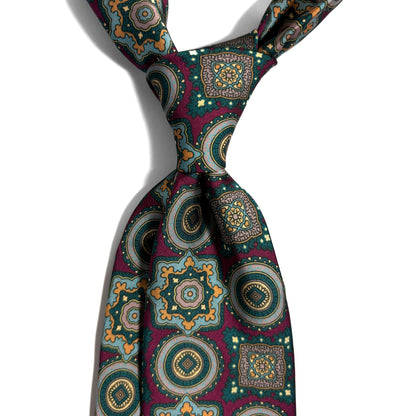 Burgundy & Green Medallion Printed Tie