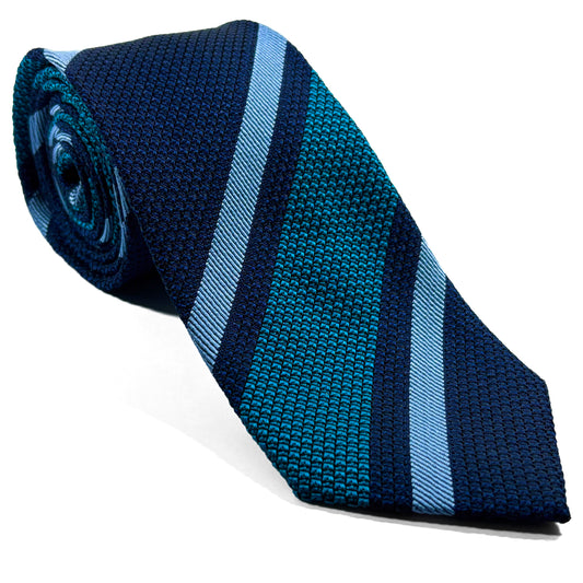 Navy Blue & Green Striped Grenadine Tie - Handmade