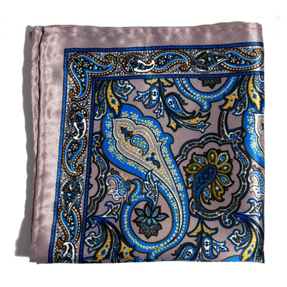 Rose Silver & Blue Paisley Pocket Square