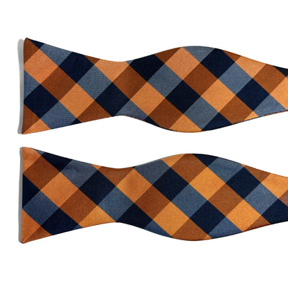 Self-Tie Navy Blue & Orange Plaid Silk Bow Tie