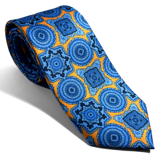 Yellow & Light Blue Medallion Printed Tie