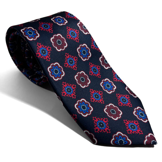 Navy Blue & Bordeaux Medallion Printed Tie
