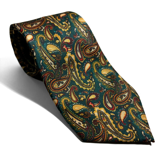 Wide Teal & Yellow Paisley Printed Tie