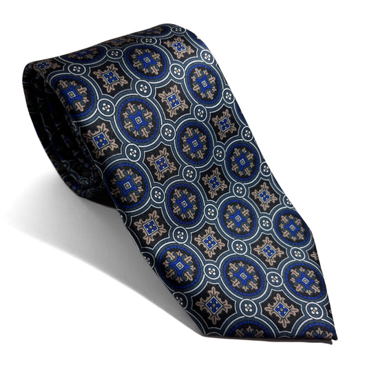 Gray & Blue Medallion Printed Tie