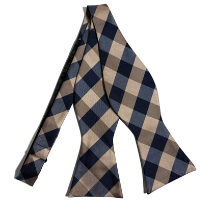Self-Tie Navy Blue & Beige Plaid Silk Bow Tie